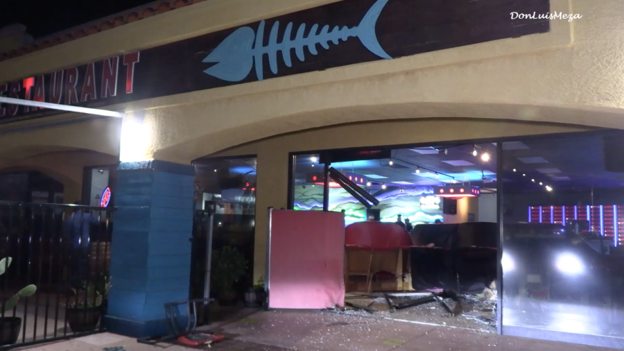 Damage is seen after a vehicle crashed into a Palmdale restaurant on Jan. 14, 2024.