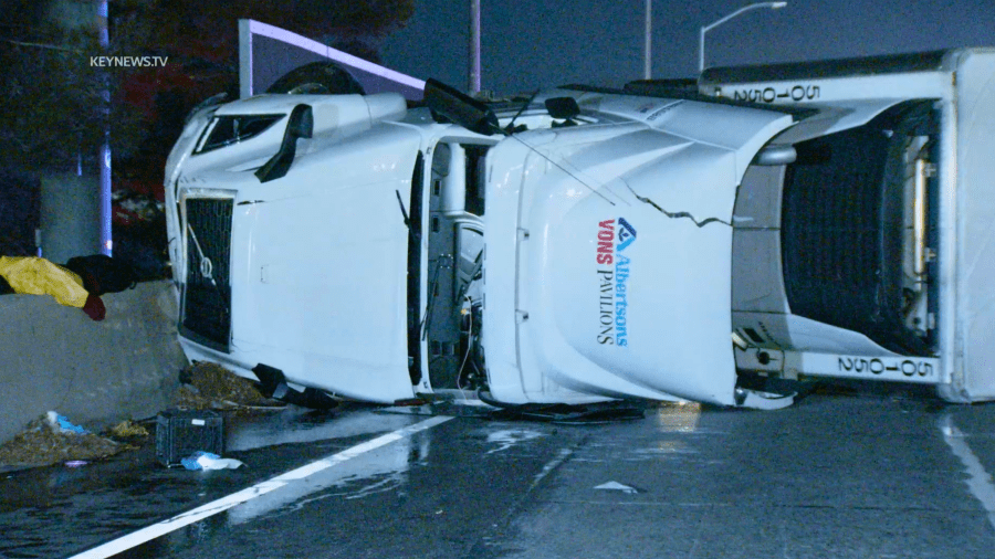 A downed big rig is seen on the 5 Freeway in Sun Valley on Jan. 16, 2024.