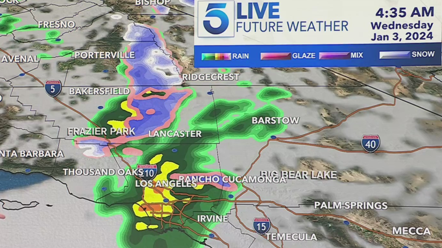 KTLA's future forecast shows rain and snow expected to arrive on Jan. 3, 2024.