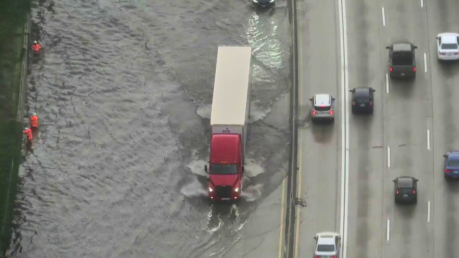 A portion of the 405 Freeway flooded in Long Beach on Jan. 22, 2024.