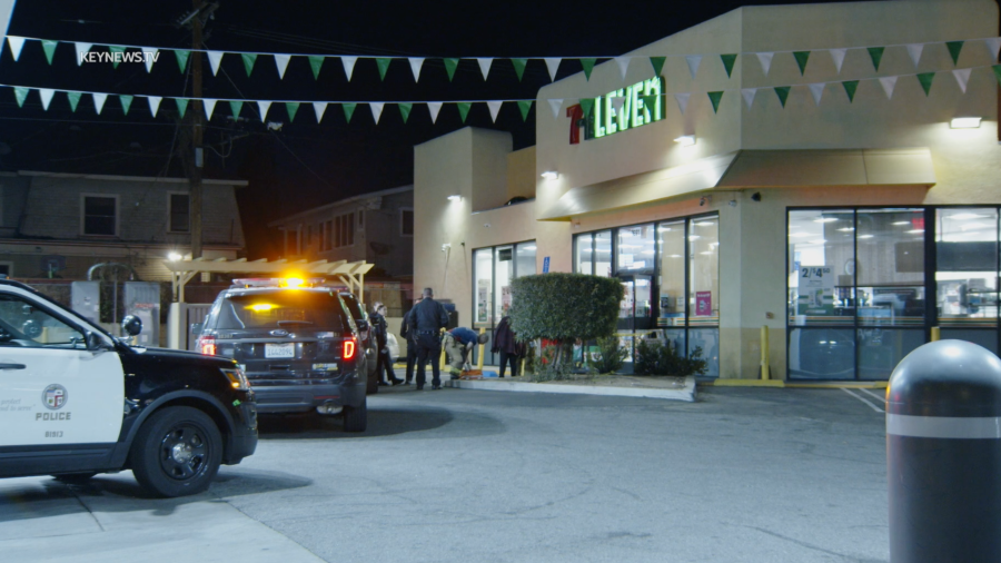 Police respond to a robbery at a 7-Eleven store in the Pico Union neighborhood on Jan. 12, 2024.