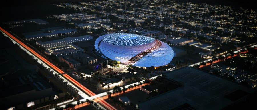Rendering of the exterior of the Intuit Dome in Inglewood seen from above. (Los Angeles Clippers)