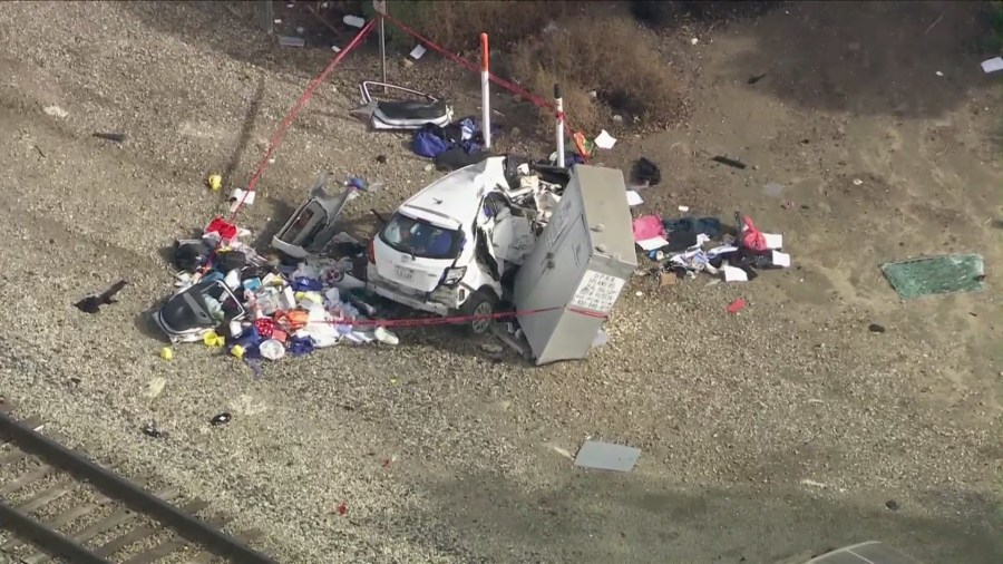 Sky5 was over a crash scene involving a Pacific Surfliner and a vehicle on Jan. 2, 2024.