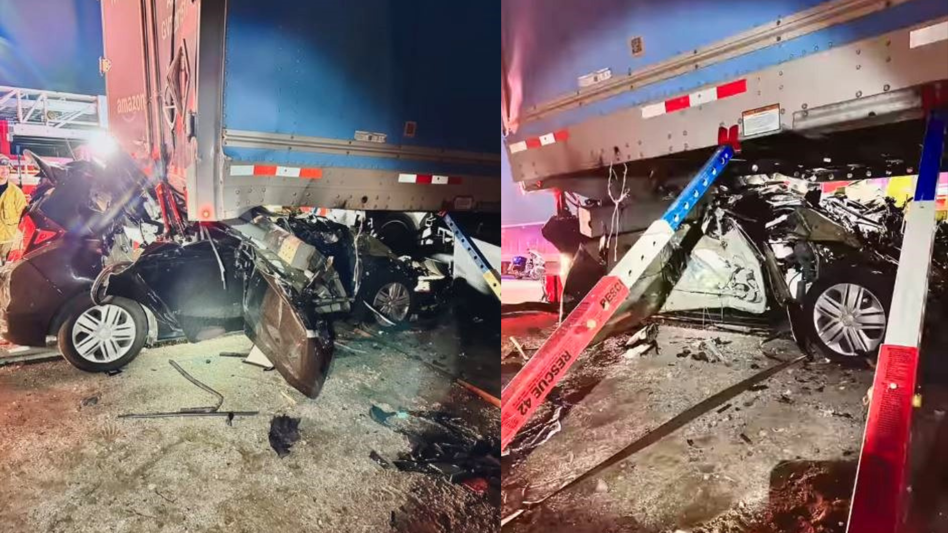 One person was hospitalized after a vehicle was found crushed under a semi-truck on the 10 Freeway in Redlands freeway on Jan. 6, 2024. (Redlands Fire Department)