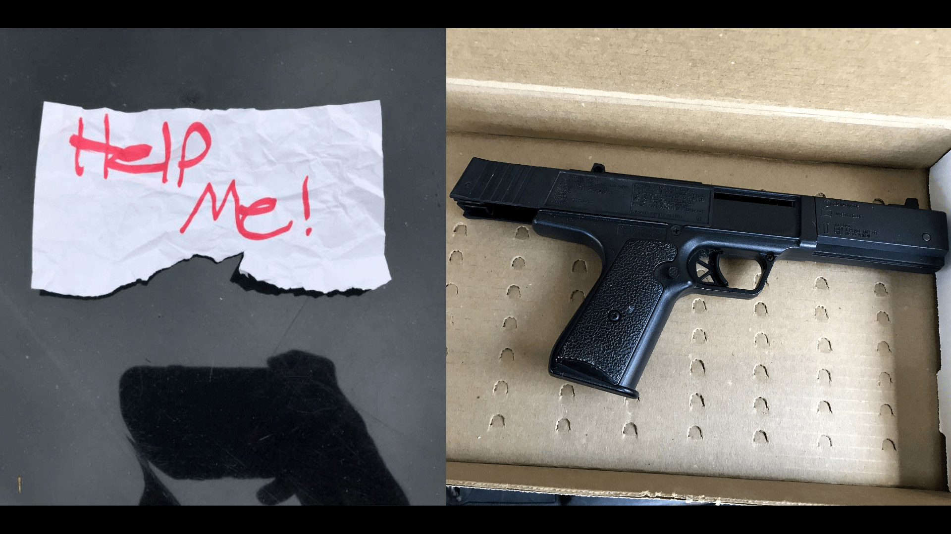 From left: The victim's "Help Me!" sign that led to her rescue; the handgun used by the suspect during the victim's abduction in July 2023. (U.S. Attorney's Office)