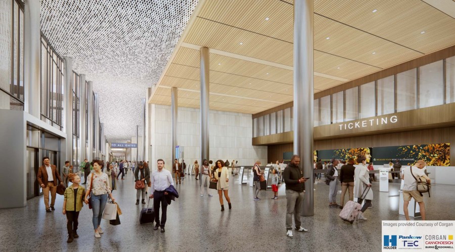 This rendering shows the interior of the new terminal of the Hollywood Burbank Airport. (Hollywood Burbank Airport, courtesy of Corgan)