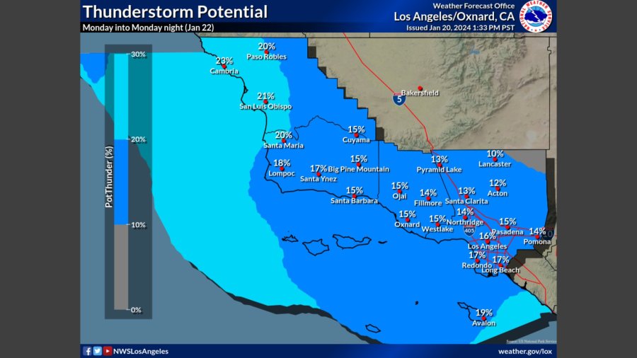 Thunderstorm potential for Southern California from Jan. 20-22, 2024. (National Weather Service)