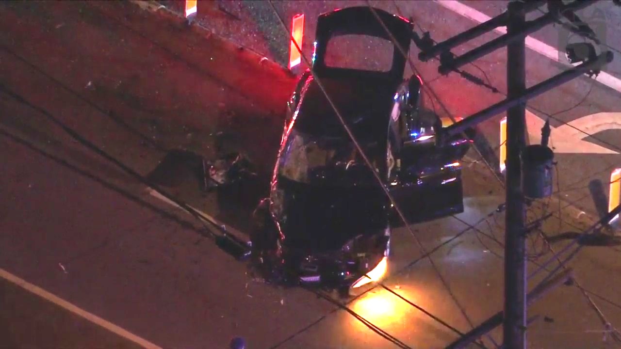 Two people were hospitalized in a multi-vehicle crash outside Duke's Malibu restaurant on Jan. 11, 2024. (KTLA)