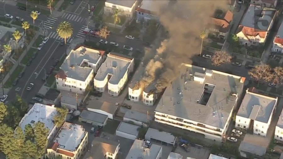 A massive fire engulfed an apartment building in the Koreatown on Jan. 26, 2024. (KTLA)