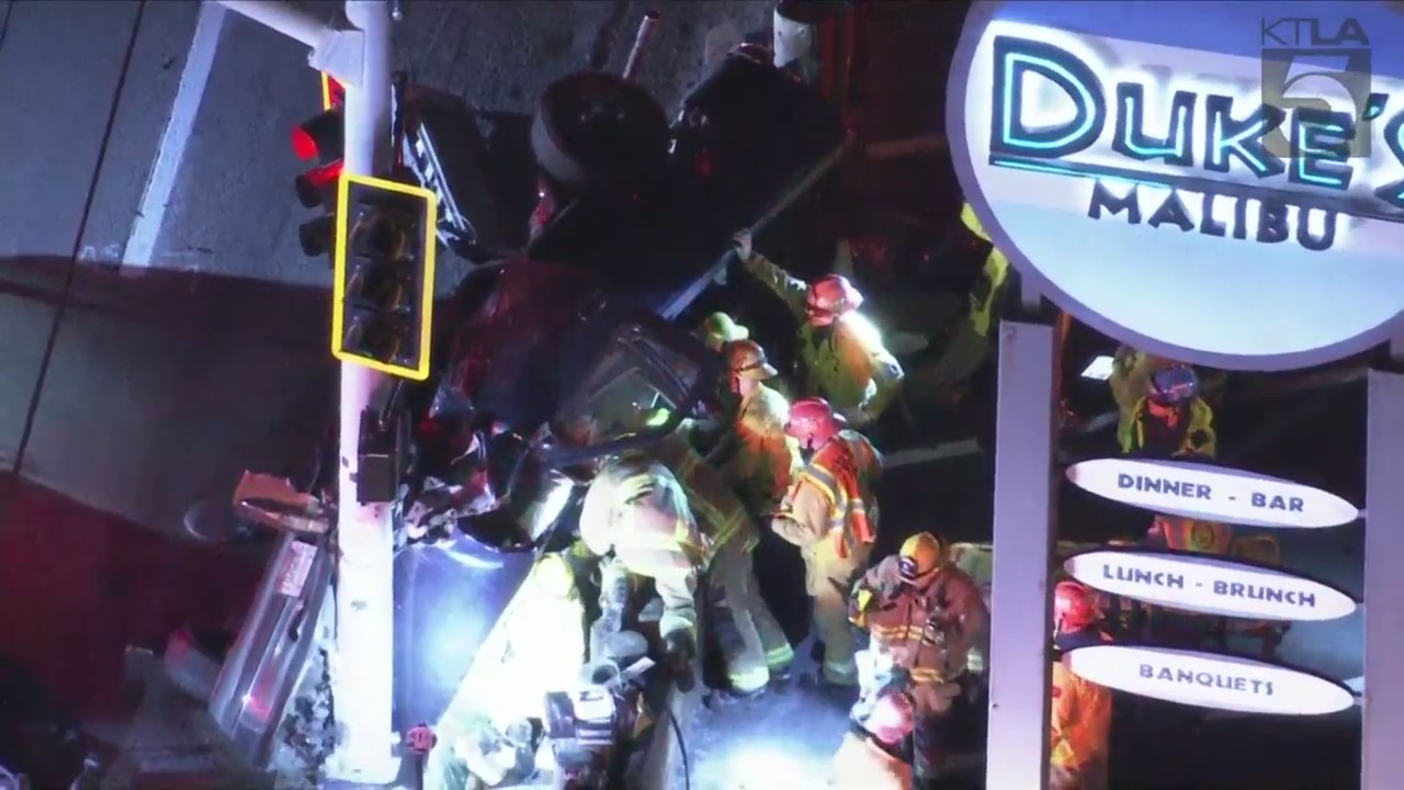 Two people were hospitalized in a multi-vehicle crash outside Duke's Malibu restaurant on Jan. 11, 2024. (KTLA)