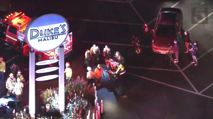 Two people were hospitalized in a multi-vehicle crash outside Duke's Malibu restaurant on Jan. 11, 2024. (KTLA)