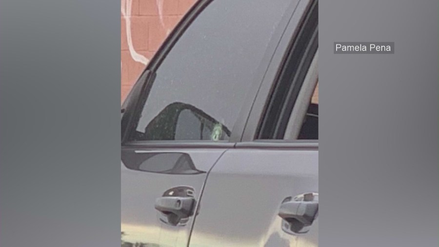 A bullet hole seen on the driver's side window. Noel Pena remains hospitalized in the ICU after a road rage shooting on the 5 Freeway on Dec. 31, 2023. (Pena Family)