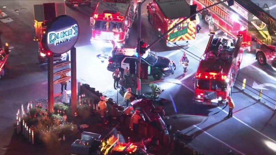 Two people were hospitalized in a multi-vehicle crash outside Duke's Malibu restaurant on Jan. 11, 2024. (KTLA)