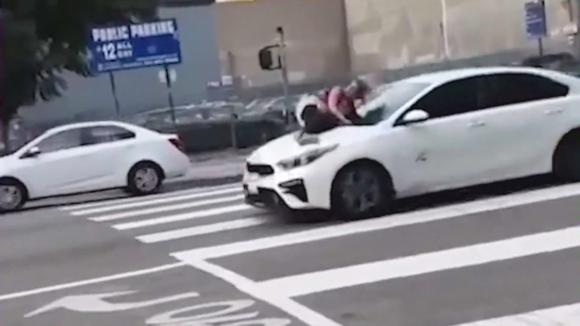 Video captured a woman clinging to the hood of a speeding car as thieves stole her French bulldog puppy in downtown Los Angeles on Jan. 18, 2024. (@harrisonjamesmusic)