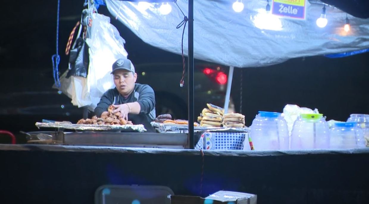 The El Salvador Corridor in L.A.'s Pico-Union neighborhood, famous for its bustling merchants and street food vendors. (KTLA)