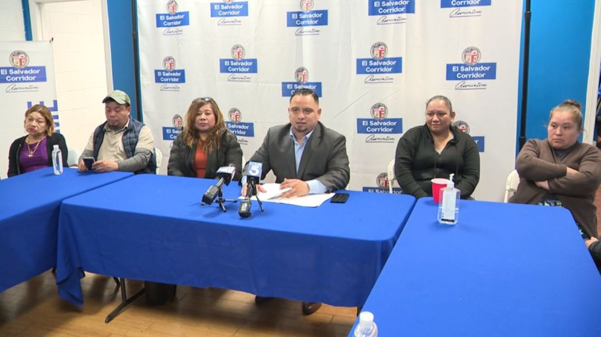 A press conference held by the El Salvador Corridor Association on Jan. 30, 2024 regarding the eviction of street food vendors. (KTLA)