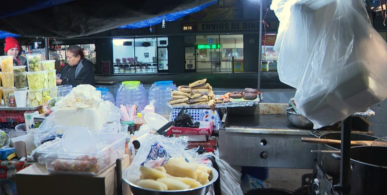 The El Salvador Corridor in L.A.'s Pico-Union neighborhood, famous for its bustling merchants and street food vendors. (KTLA)