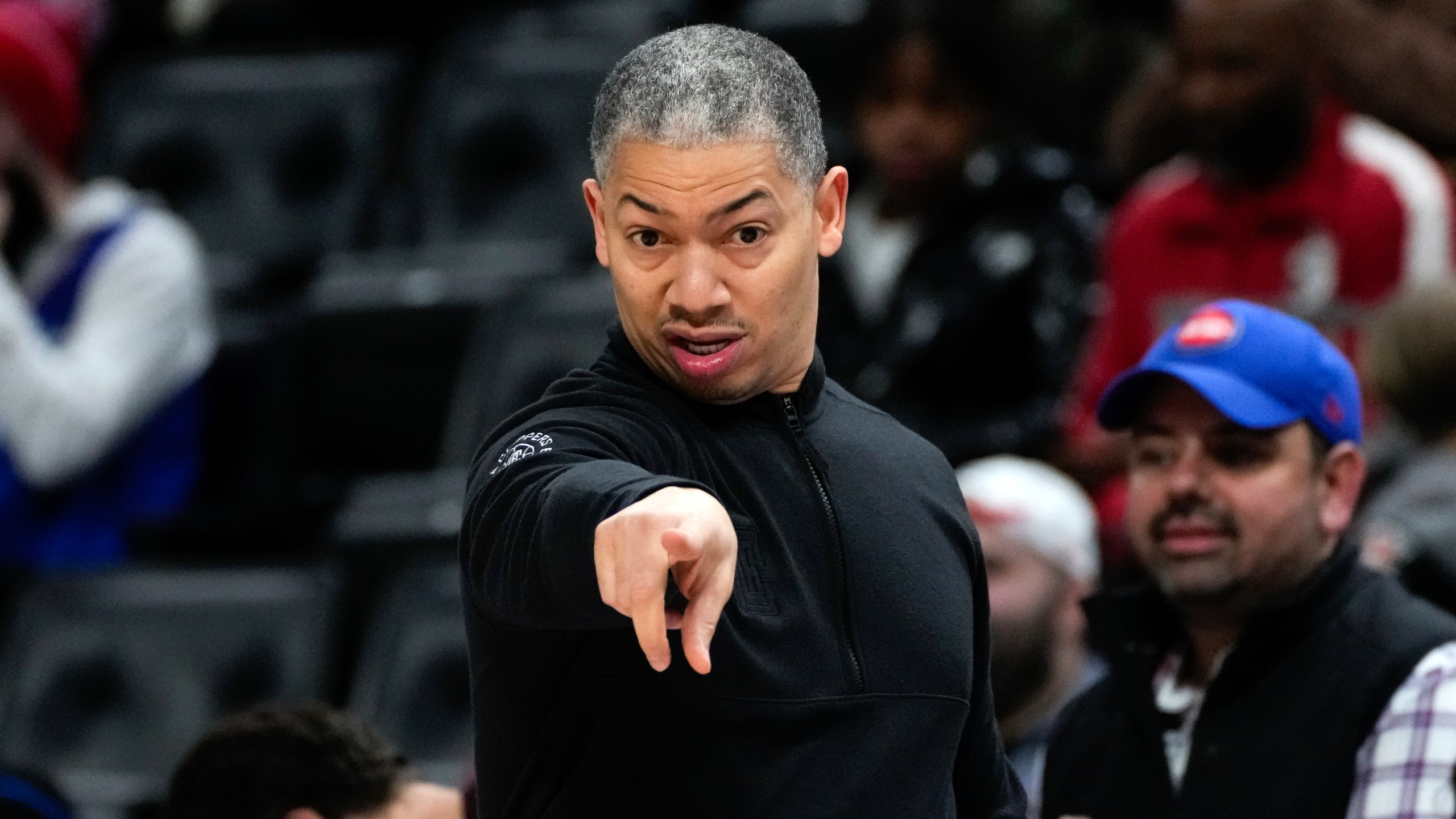 Los Angeles Clippers head coach Tyronn Lue directs play against the Detroit Pistons in the second half of an NBA basketball game in Detroit, Friday, Feb. 2, 2024. (AP Photo/Paul Sancya)