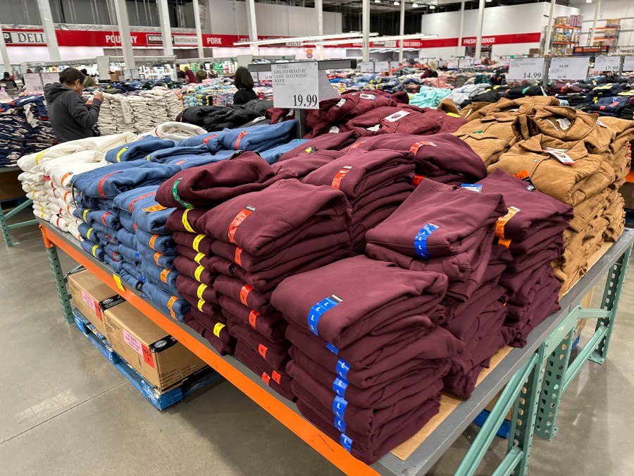 Shoppers peruse stacks of hoodies on display in a Costco warehouse Tuesday, Jan. 30, 2024, in Timnath, Colo. The Commerce Department releases U.S. retail sales data for January on Thursday, Feb. 15, 2024. (AP Photo/David Zalubowski)