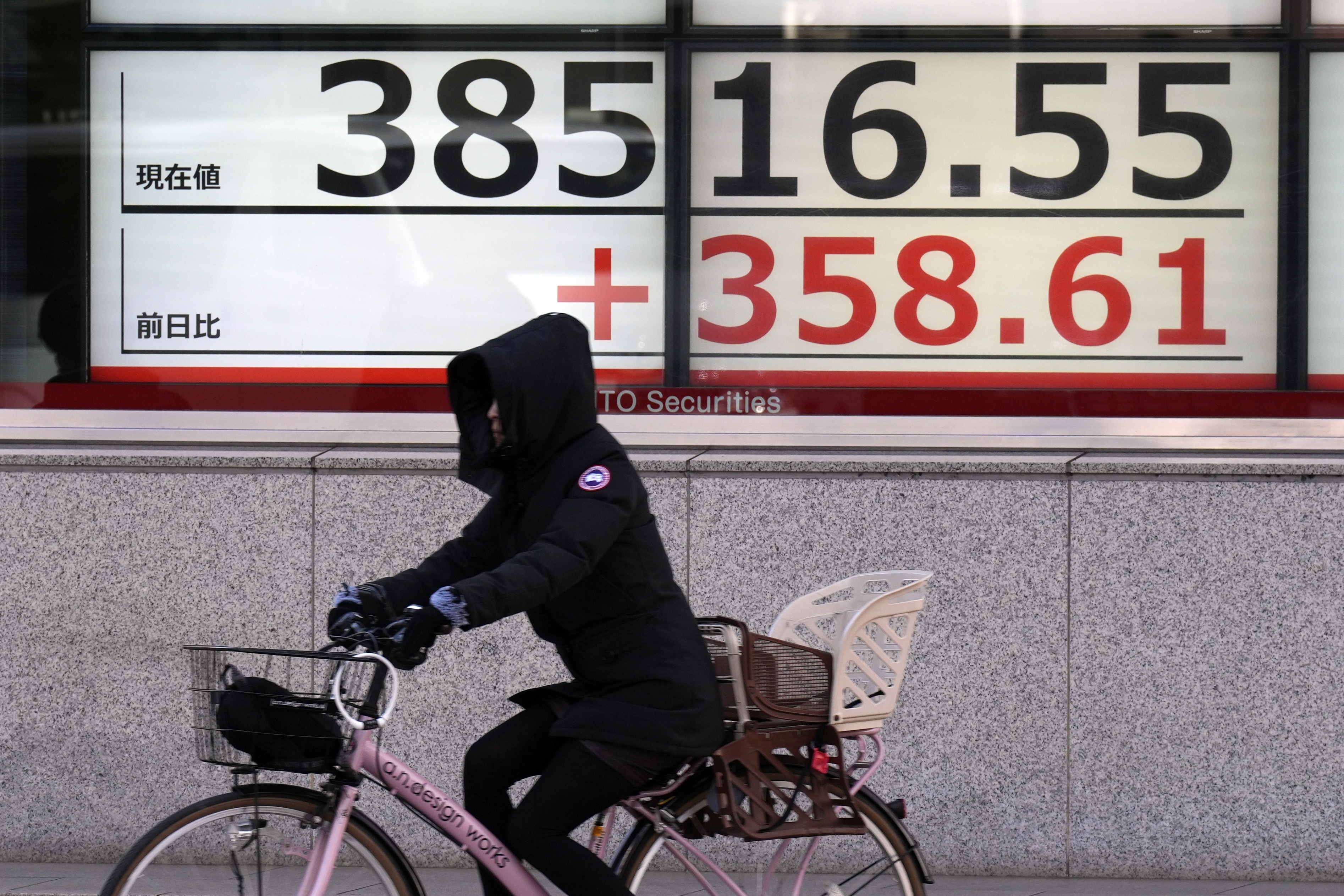 A person rides a bicycle in front of an electronic stock board showing Japan's Nikkei 225 index at a securities firm in the cold morning of Friday, Feb. 16, 2024, in Tokyo. Shares advanced in Asia on Friday, with Tokyo's benchmark Nikkei 225 index trading near a record high, 34 years after it peaked and then plunged with the collapse of Japan's financial bubble. (AP Photo/Eugene Hoshiko)