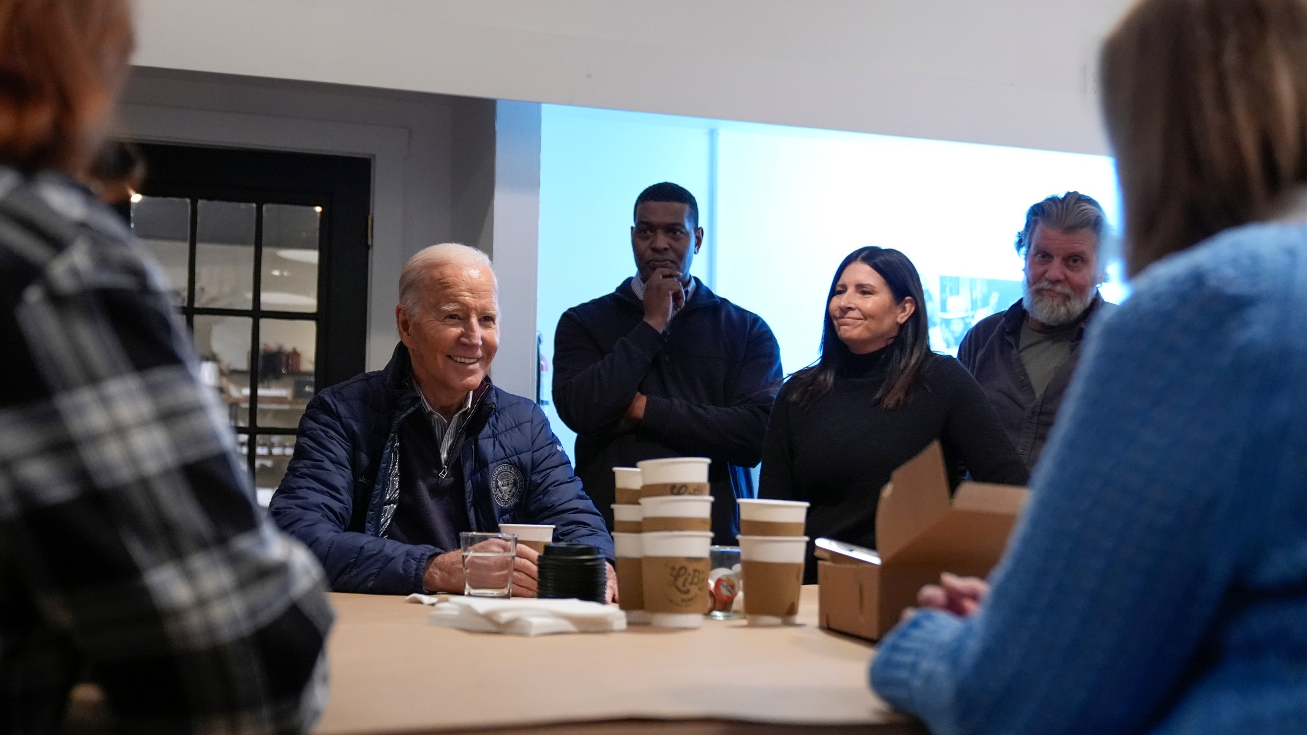 President Joe Biden speaks as he visits 1820 Candle Co. in East Palestine, Ohio, Friday, Feb. 16, 2024. (AP Photo/Andrew Harnik)