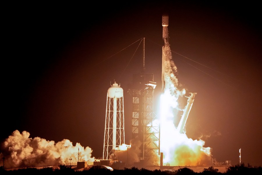 FILE - A SpaceX Falcon 9 rocket, carrying Intuitive Machines' lunar lander, lifts off from pad 39A at Kennedy Space Center in Cape Canaveral, Fla., early Thursday, Feb. 15, 2024. Intuitive Machines reported Friday, Feb. 23, 2024, that it’s communicating with its lander, Odysseus, and sending commands to acquire science data. But it noted: “We continue to learn more about the vehicle’s specific information” regarding location, overall health and positioning. (AP Photo/John Raoux, File)