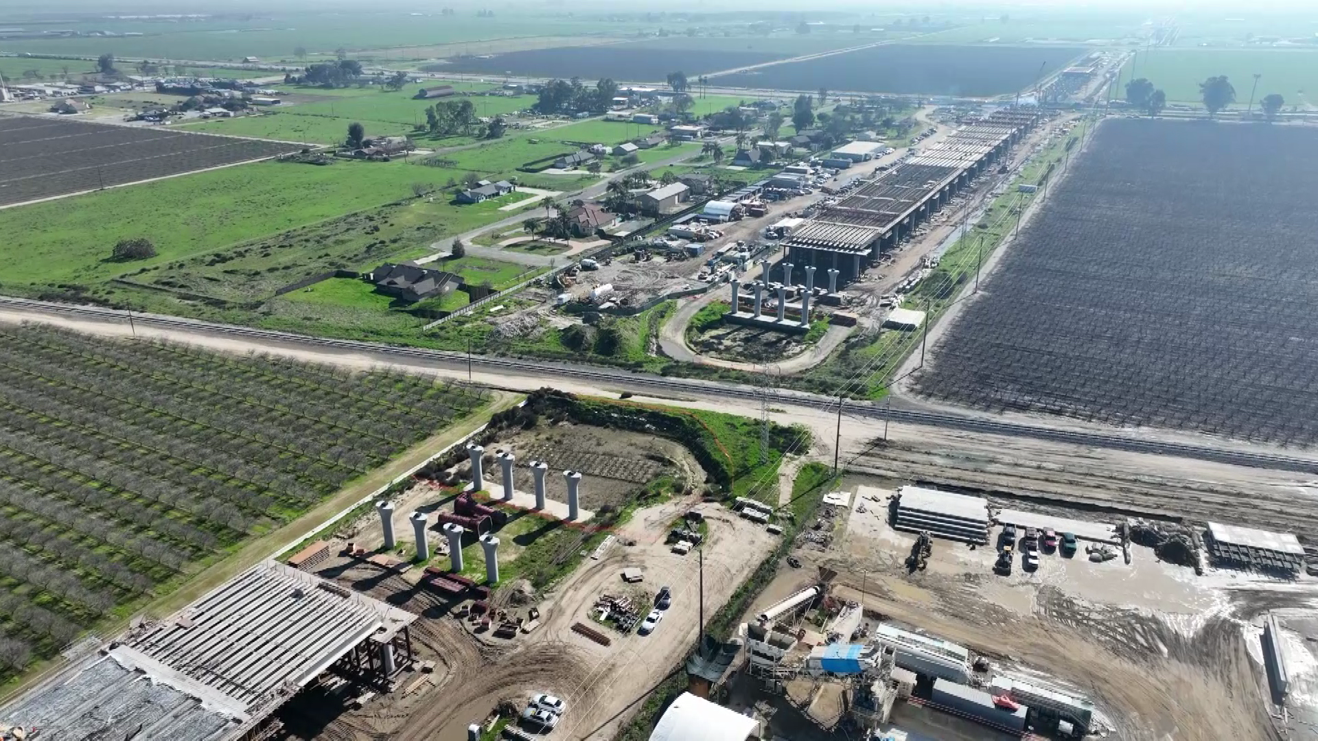 Aerial images show massive pillars that will comprise the base of the California High-Speed Rail Hanford Viaduct in Hanford, California on Jan. 29, 2024. (KTLA)