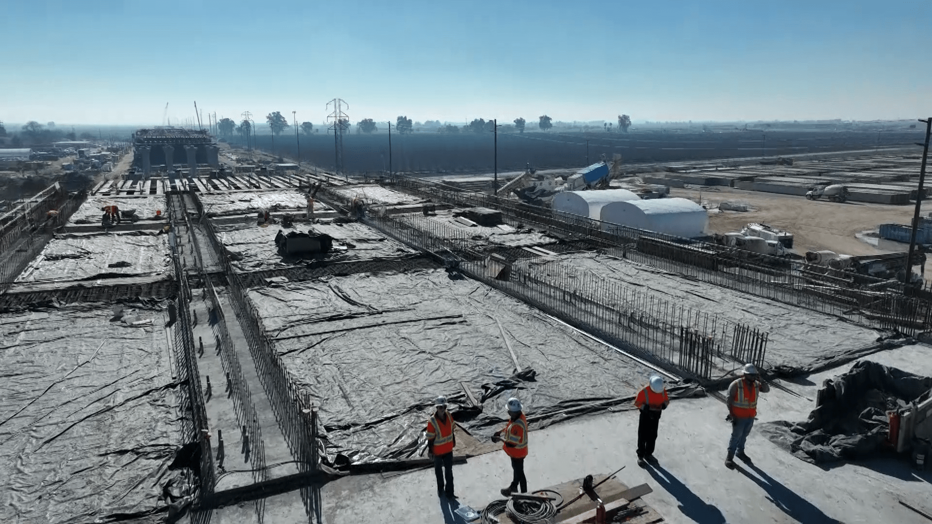 Aerial images show active construction taking place on the California High-Speed Rail Hanford Viaduct in Hanford, California on Jan. 29, 2024. (KTLA)