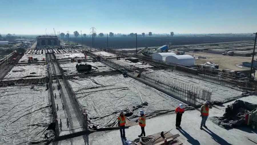 Aerial images show active construction taking place on the California High-Speed Rail Hanford Viaduct in Hanford, California on Jan. 29, 2024. (KTLA)