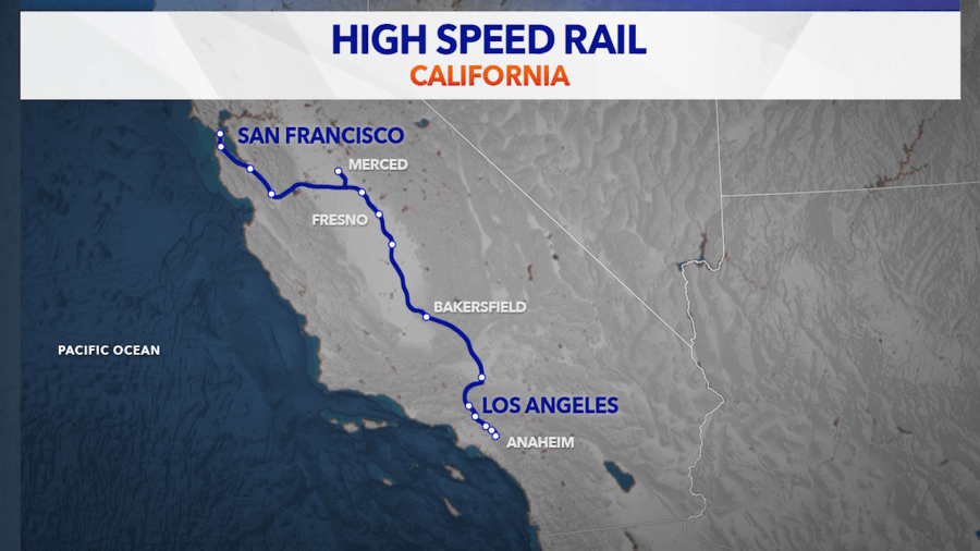 This map shows the proposed complete "Phase One" of the California High-Speed Rail which will connect the Bay Area to Los Angeles County and Anaheim.