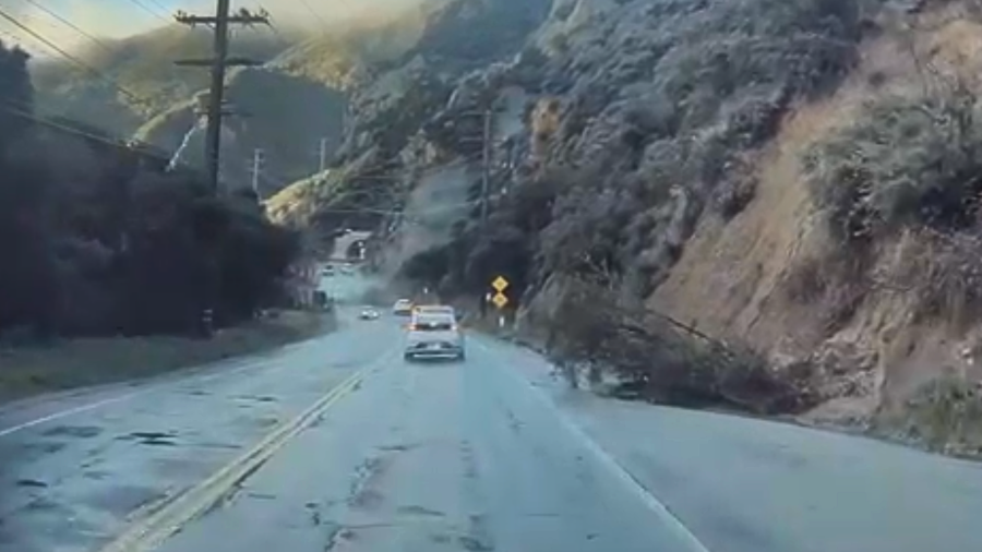 This image taken from video shows a Malibu Canyon Road landslide on Feb. 21, 2024.