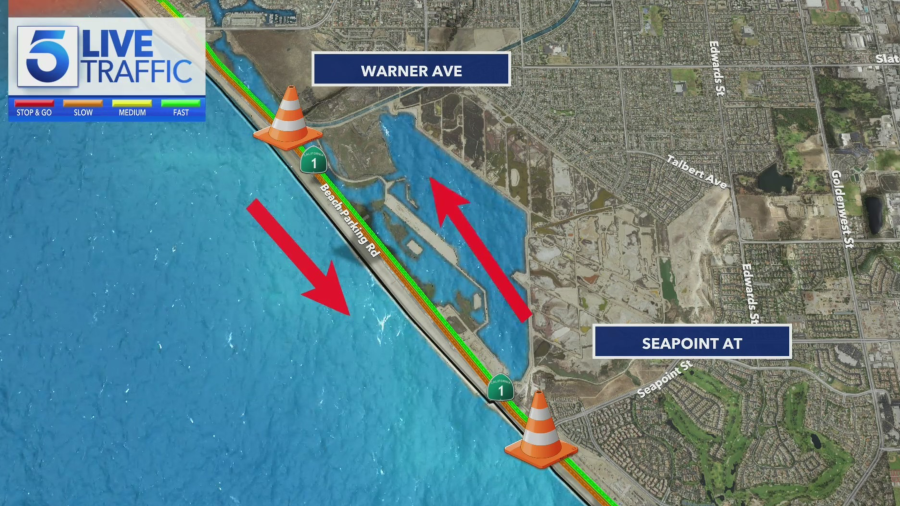 Flooding closed a portion of PCH in Huntington Beach on Feb. 1, 2024.