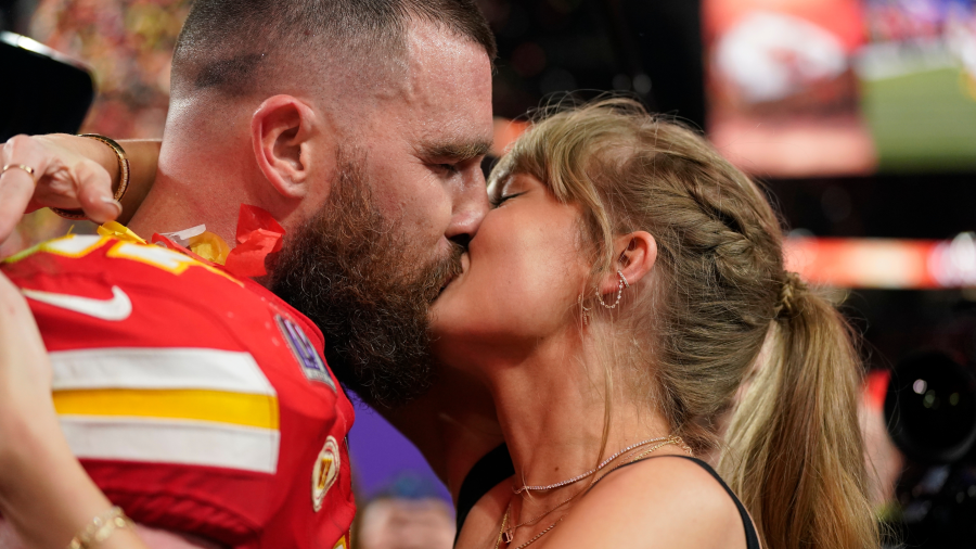 Taylor Swift kisses Kansas City Chiefs tight end Travis Kelce after the NFL Super Bowl 58 football game against the San Francisco 49ers, Sunday, Feb. 11, 2024, in Las Vegas.