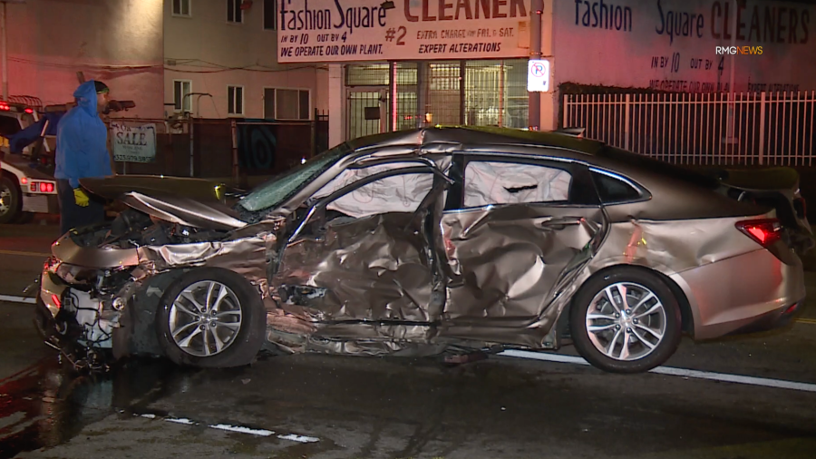 A vehicle is seen following a fatal crash in South Los Angeles on Feb. 12, 2024.