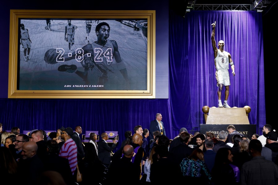 The Los Angeles Lakers unveil a statue honoring the late Kobe Bryant at the Star Plaza outside of Crypto.com Arena in Los Angeles on Feb. 8, 2024. (Getty Images)