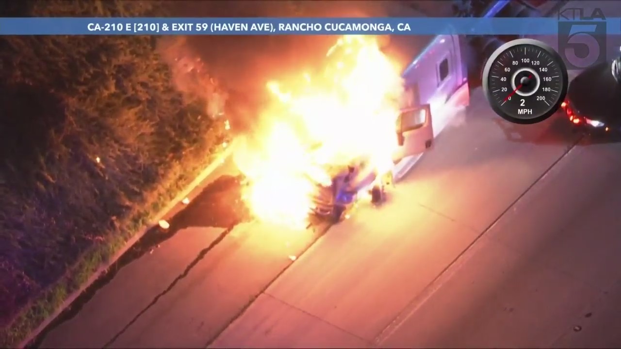 Stolen big-rig burst into flames after pursuit in Southern California