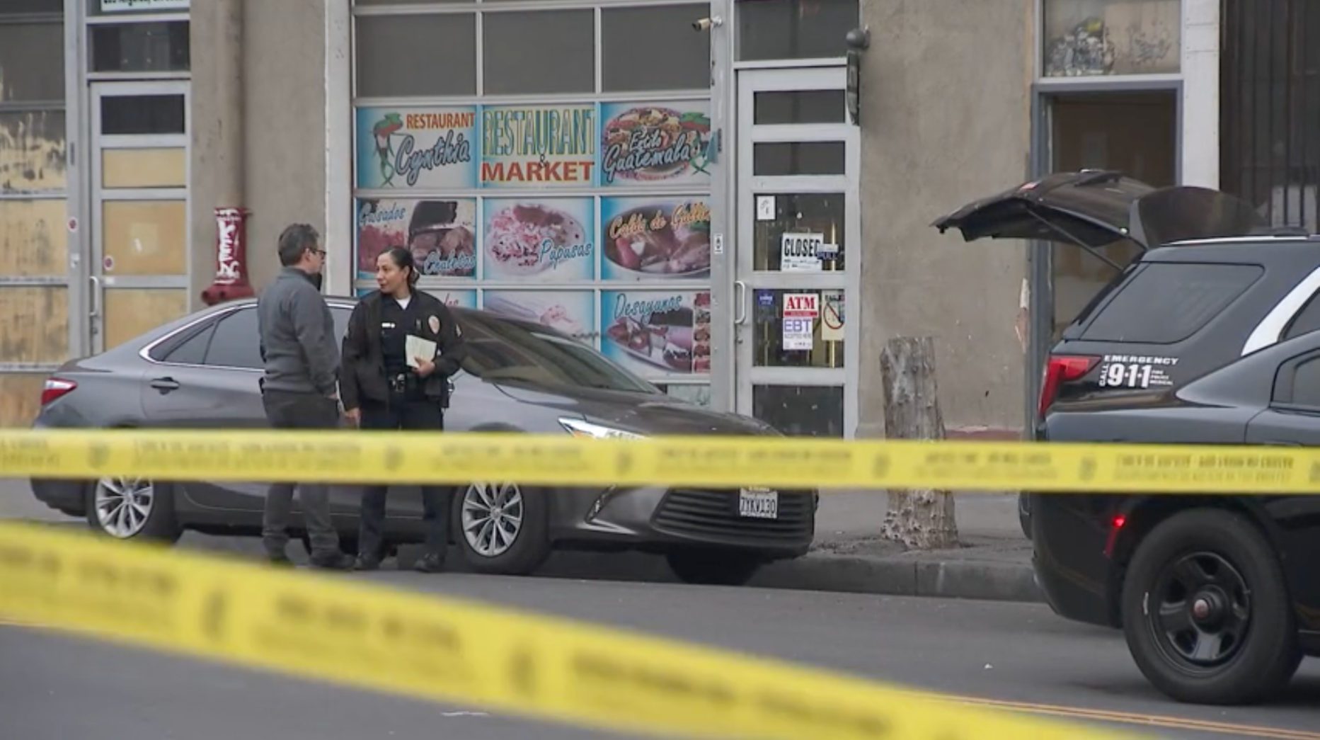 An area near 7th Street and Towne Avenue in downtown L.A. was closed off during the investigation of an officer-involved shooting on Feb. 3, 2024. (KTLA)