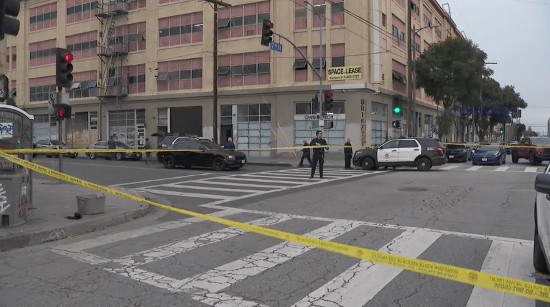 An area near 7th Street and Towne Avenue in downtown L.A. was closed off during the investigation of an officer-involved shooting on Feb. 3, 2024. (KTLA)