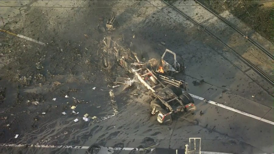 An estimated seven firefighters were injured on the morning of Feb. 15, 2024 after a vehicle exploded in Wilmington, according to the Los Angeles Fire Department. At least two firefighters were in critical condition. (KTLA)