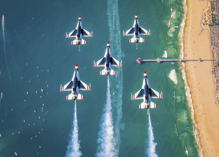 The U.S. Air Force Thunderbirds flying Lockheed Martin F-16 Fighting Falcons at the Pacific Airshow in Huntington Beach. (Pacific Airshow)