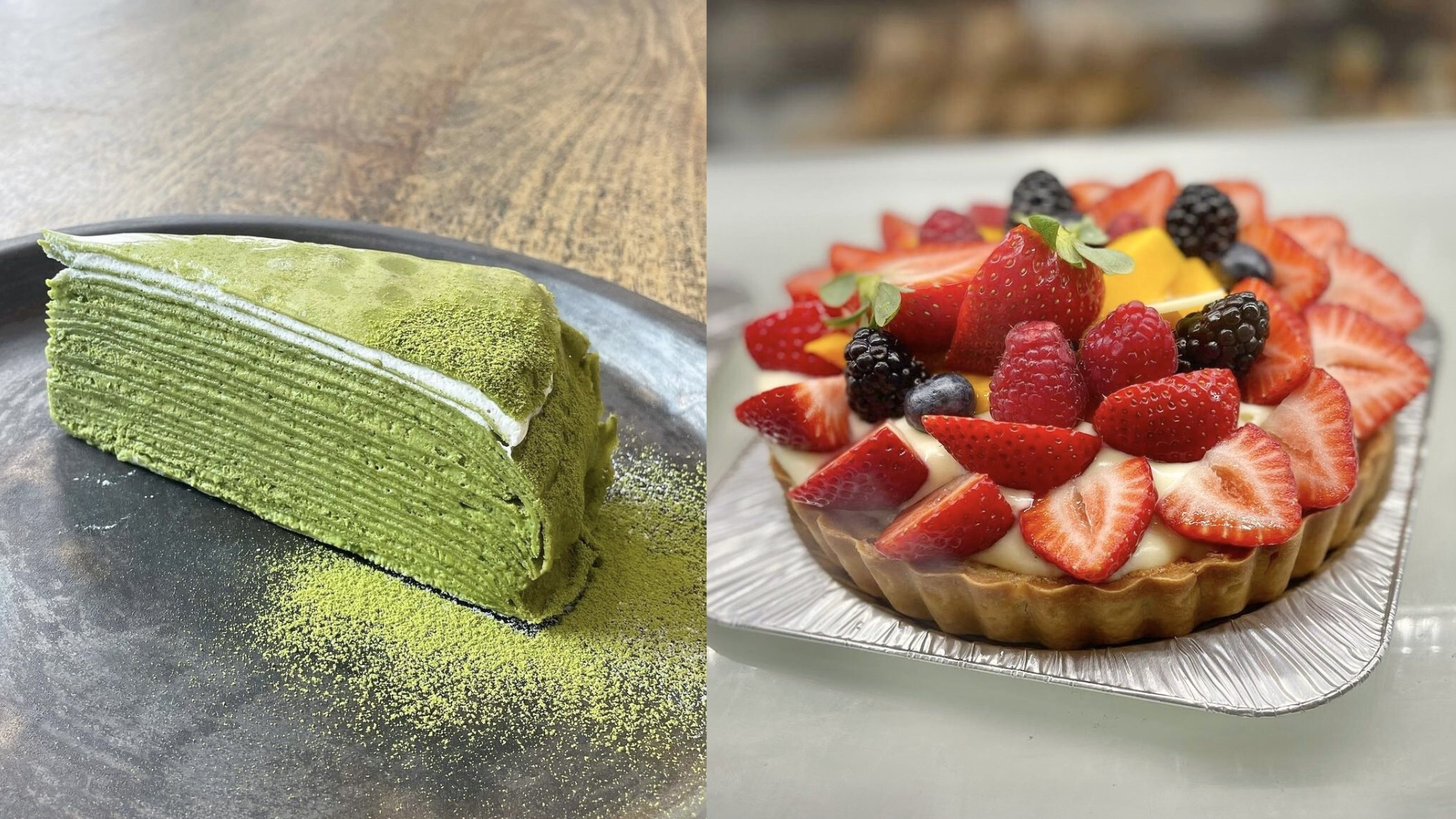 Matcha mille crepe cake and fruit tart cake at Cream Pan Bakery in Tustin, California. (Cream Pan Bakery)