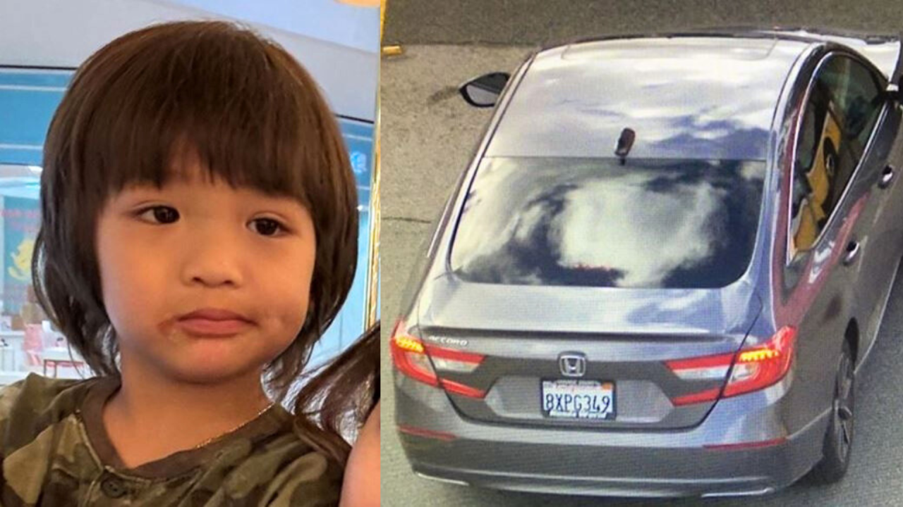 Justin Chan, 4, and the suspect's vehicle he was last seen being driven away in on Feb. 13, 2024. (California Highway Patrol)