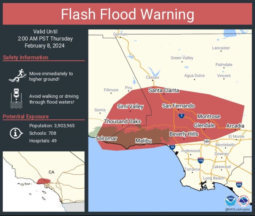 A flash flood warning was issued across Los Angeles County and Ventura counties on Feb. 7, 2024, (National Weather Service)