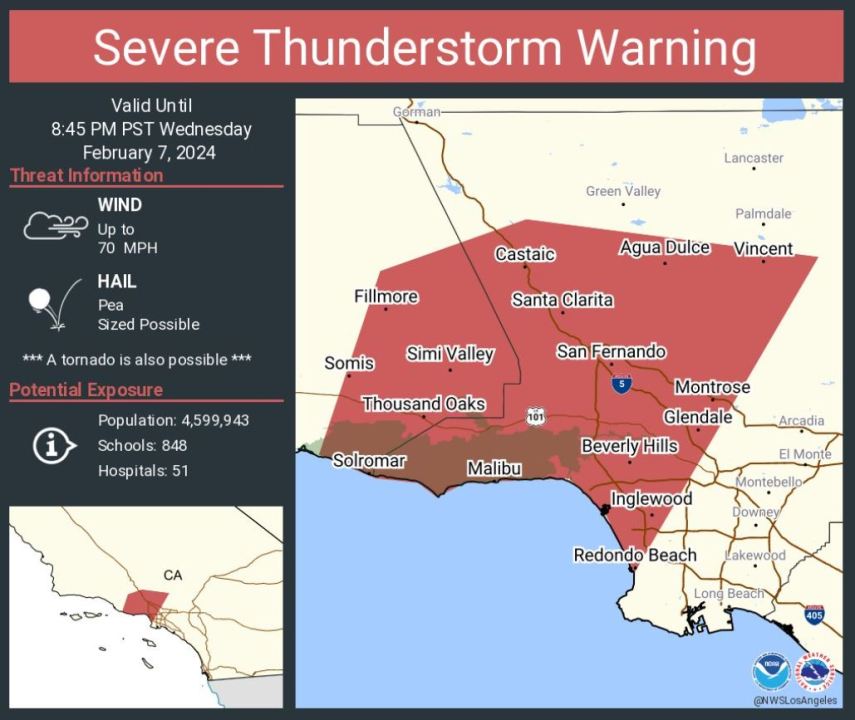 A severe thunderstorm warning was issued across Los Angeles County and Ventura counties on Feb. 7, 2024, (National Weather Service)