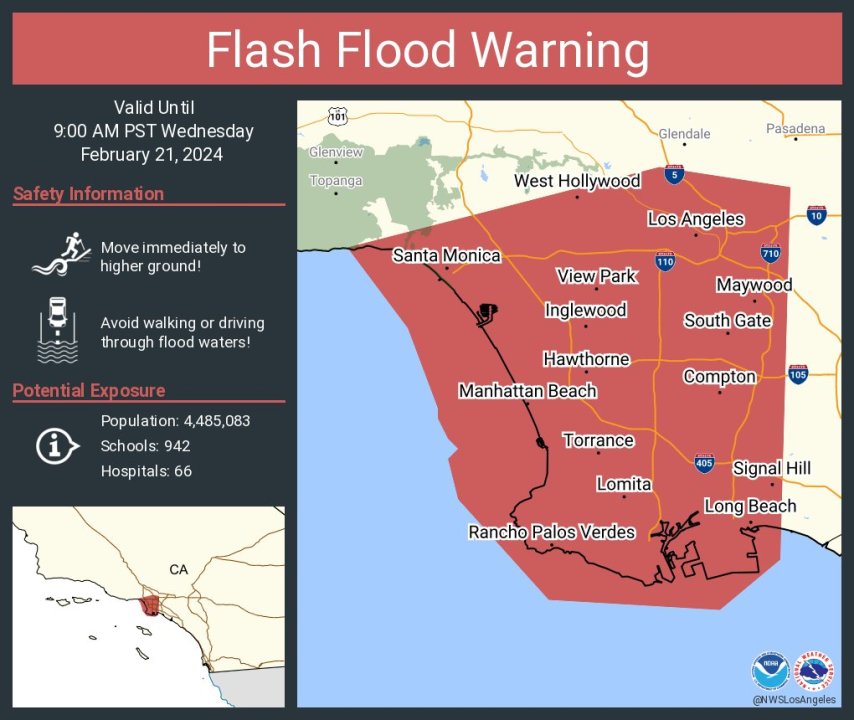 A flash flood warning was issued for parts of Los Angeles County on Feb. 21, 2024.