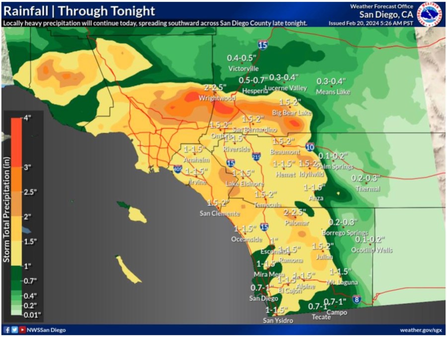 Predicted rainfall amounts through Tuesday night are seen in an image provided by the National Weather Service on Feb. 20, 2024. 