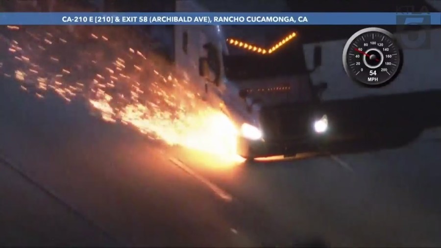 Stolen big-rig burst into flames after pursuit in Southern California