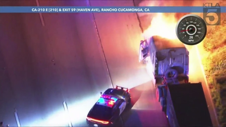 Stolen big-rig burst into flames after pursuit in Southern California