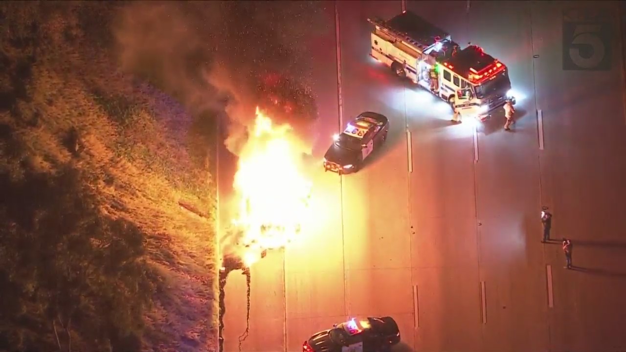 Stolen big-rig burst into flames after pursuit in Southern California