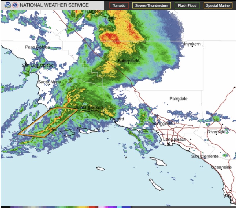 A radar image shared by the National Weather Service shows a strong storm system surging through the Central Coast and into Southern California on Feb. 7, 2024. 